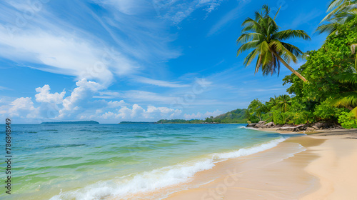beach with coconut trees  Beautiful tropical beach and sea with blue sky background.