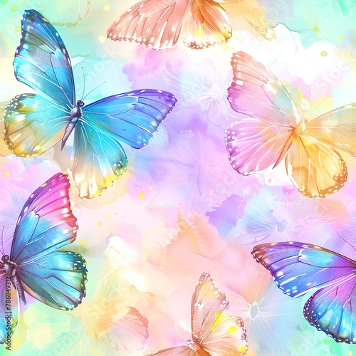Butterflies and rainbow prisms  magical watercolor  seamless pattern  pastel rainbows  fluttering light  whimsical flights. Seamless Pattern  Fabric Pattern  Tumbler Wrap  Mug Wrap.