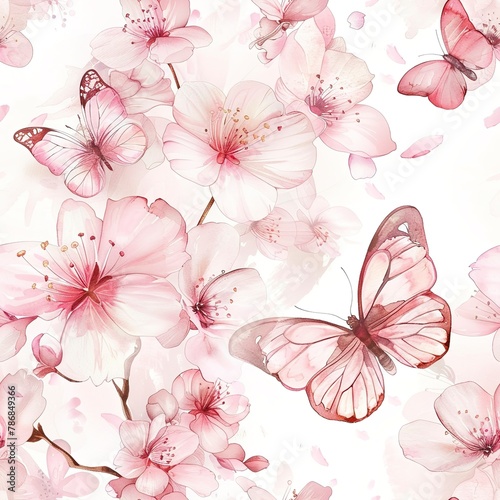 Butterflies circling cherry blossoms, spring watercolor, seamless pattern, soft pinks, fluttering petals, gentle renewal. Seamless Pattern, Fabric Pattern, Tumbler Wrap, Mug Wrap.