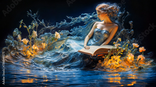 Surreal Impressionist Vision of a Serene Woman Reading Amongst Water and Flowers