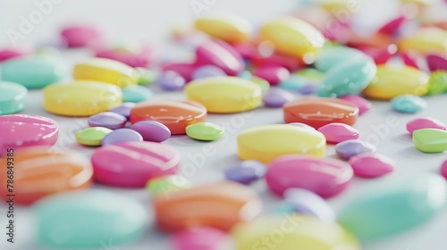 Pills scattered, vibrant colors, closeup, sharp focus, health theme, 