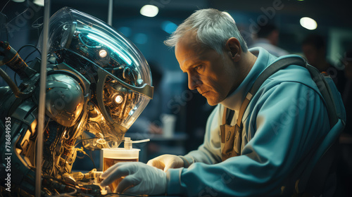 A scene from the movie 'The Expanse', featuring an older bald man in a dark gray wool jacket and blue gloves, working on his shiny golden robot under a glass dome with green plastic insides. © AllAbout