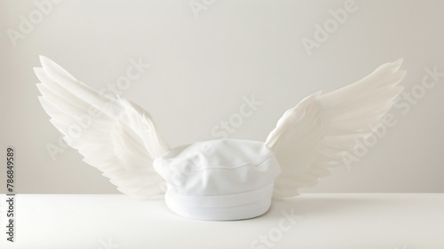 White sailor hat with angelic wings on a light background, symbolizing freedom and adventure. photo