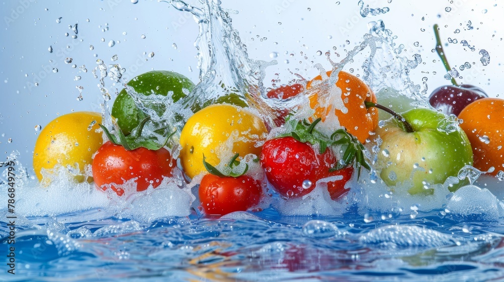 Fresh fruits and vegetables splash in clear blue water - healthy diet and freshness concept Fresh fruits and vegetables splash in clear blue water - healthy diet and freshness concept