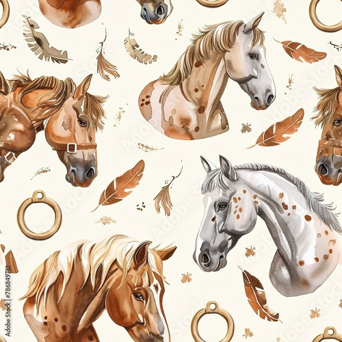 Horses and horseshoes, lucky charm watercolor, seamless pattern, soft browns and metallics, wishes for good fortune. Seamless Pattern, Fabric Pattern, Tumbler Wrap, Mug Wrap.