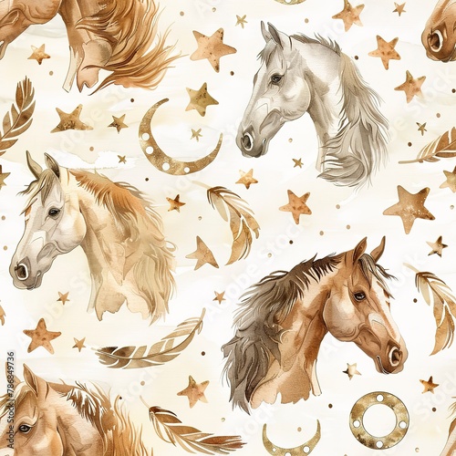 Horses and horseshoes  lucky charm watercolor  seamless pattern  soft browns and metallics  wishes for good fortune. Seamless Pattern  Fabric Pattern  Tumbler Wrap  Mug Wrap.