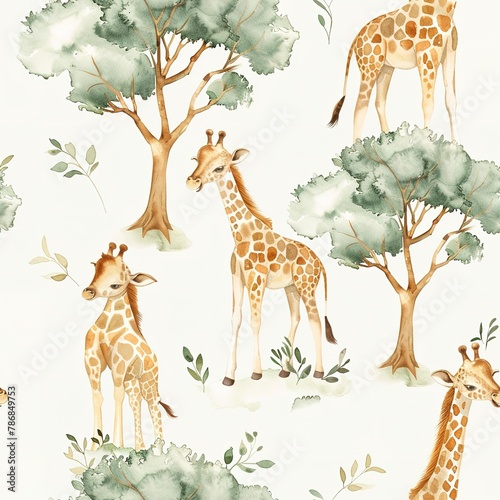 Baby giraffes and acacia trees  playful watercolor  seamless pattern  soft greens and tans  savannah frolic. Seamless Pattern  Fabric Pattern  Tumbler Wrap  Mug Wrap.