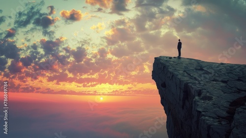 A person standing at the edge of a cliff  looking out at the horizon with hope for the future. 