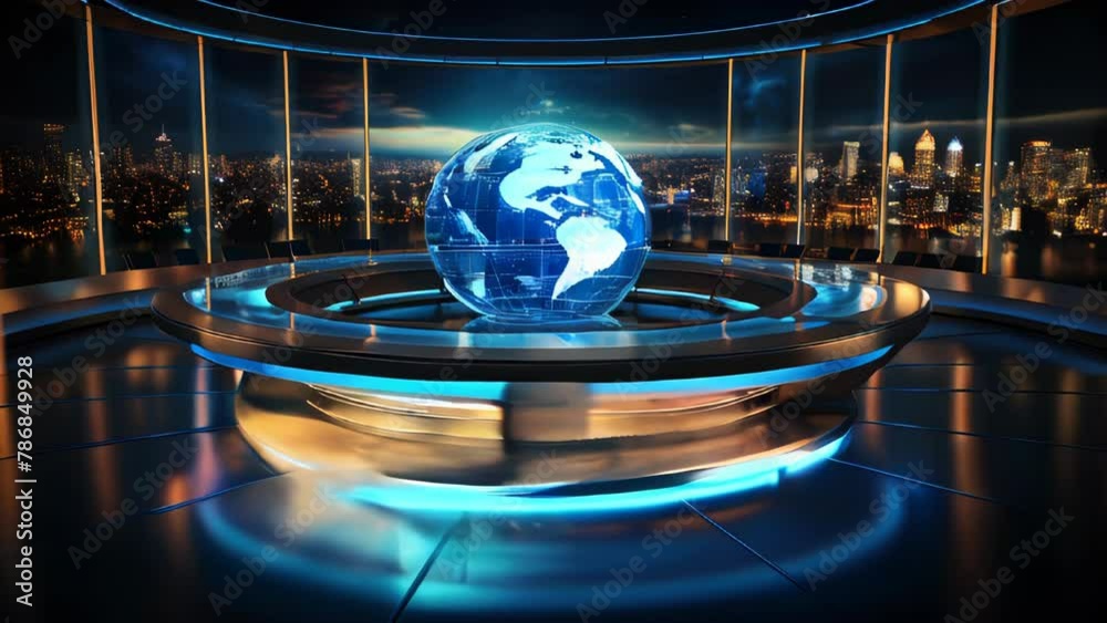 Modern television studio for world breaking news with equipment for leading reporters and announcers