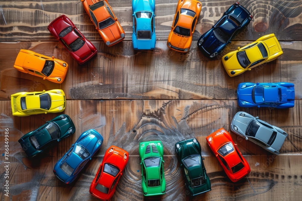 Colorful toy car collection arranged in circle in childs play room for top-down view Colorful toy car collection arranged in circle in childs play room for top-down view