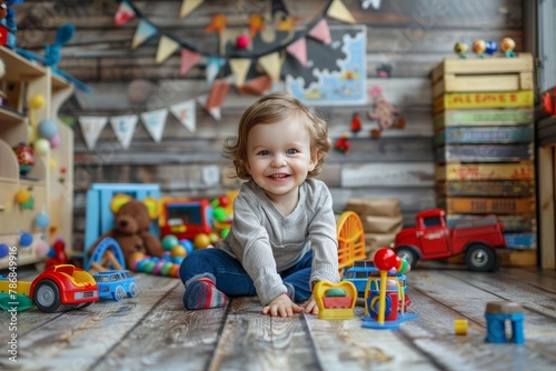 Vintage toy playroom backdrop featuring classic toys for studio child photo session