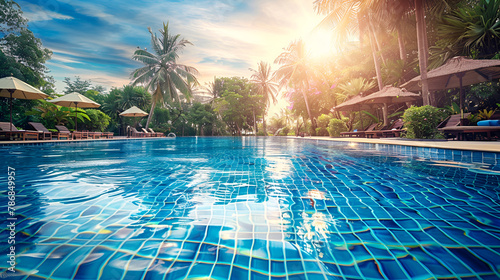 swimming pool in the resort, Beauty swimming pool on daylight at resort in Thailand Asia.