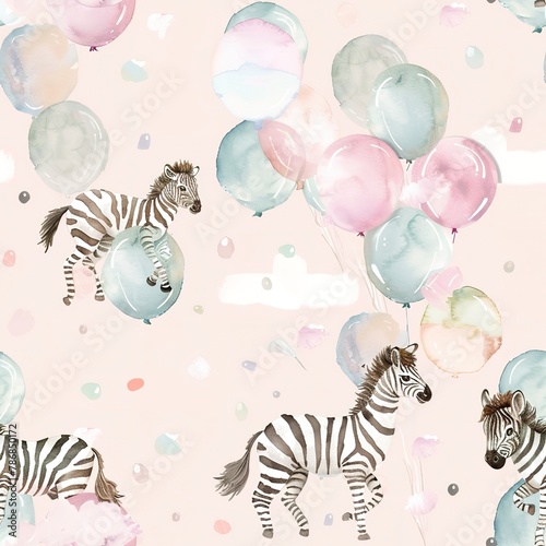 Baby zebras and pastel balloons  gentle watercolor  seamless pattern  soft pastels  joyful celebration  floating dreams. Seamless Pattern  Fabric Pattern  Tumbler Wrap  Mug Wrap.