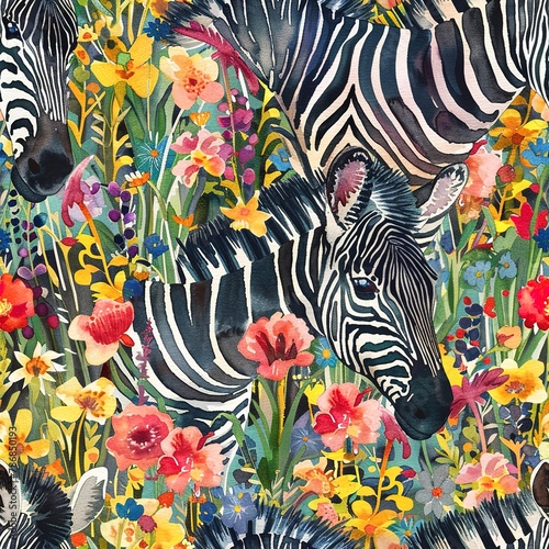 Zebras in wildflower fields  vibrant watercolor  seamless pattern  colorful blooms  serene grazes  nature        s beauty. Seamless Pattern  Fabric Pattern  Tumbler Wrap  Mug Wrap.