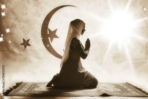 Spirituality. A woman kneeling on a prayer mat. Believer. Crescent. Islam. Copy space area for text. Holy. A lady in a cloak worshiping. Head covered photo