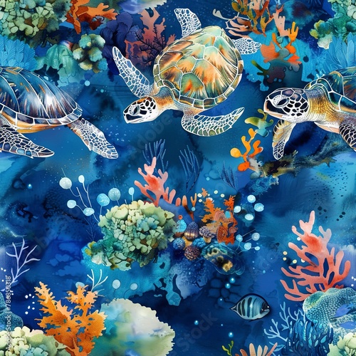 Turtles swimming among coral reefs, vibrant watercolor, seamless pattern, colorful corals, serene aqua, underwater dance. Seamless Pattern, Fabric Pattern, Tumbler Wrap, Mug Wrap.