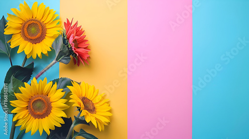 sunflowers on a blue background, Border of fresh sunflowers on colorful background.