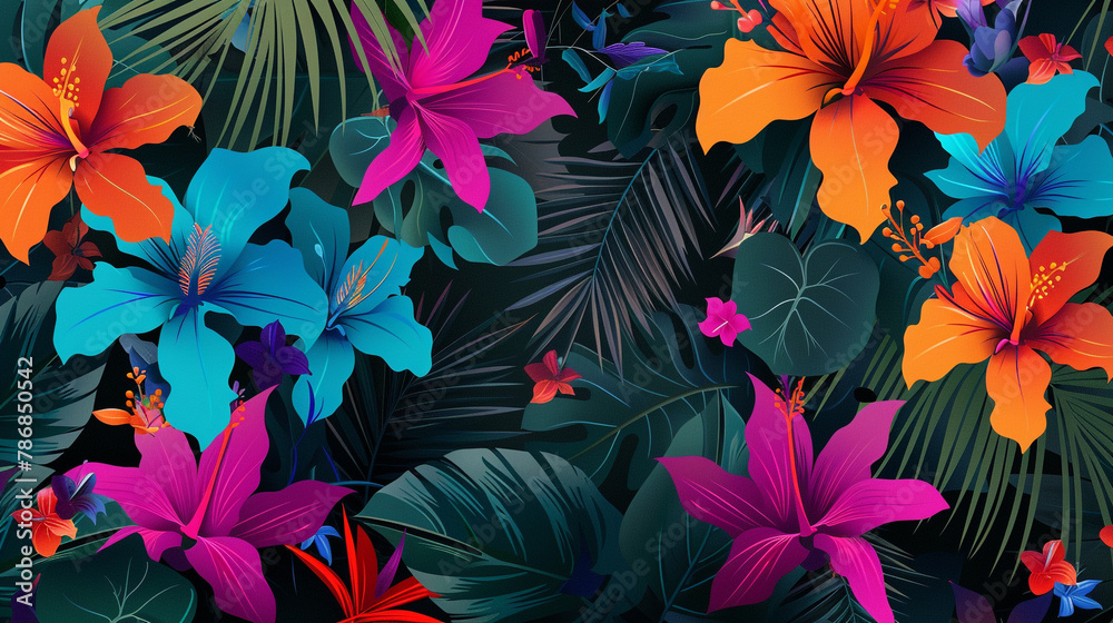 Tropical floral vector with fuchsia and orange blooms, dark green jungle energy. Tropical floral vector with fuchsia and orange blooms, dark green jungle energy.