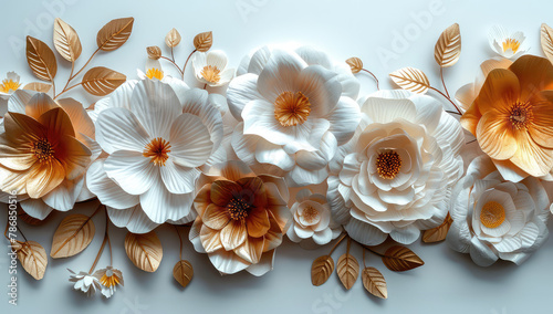 3D paper art of white flowers  white background  light brown and yellow leaves. Created with Ai