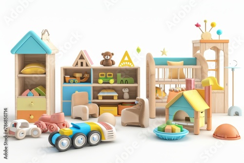 Childrens furniture and toys 3d render on white background, perfect for kids room decor