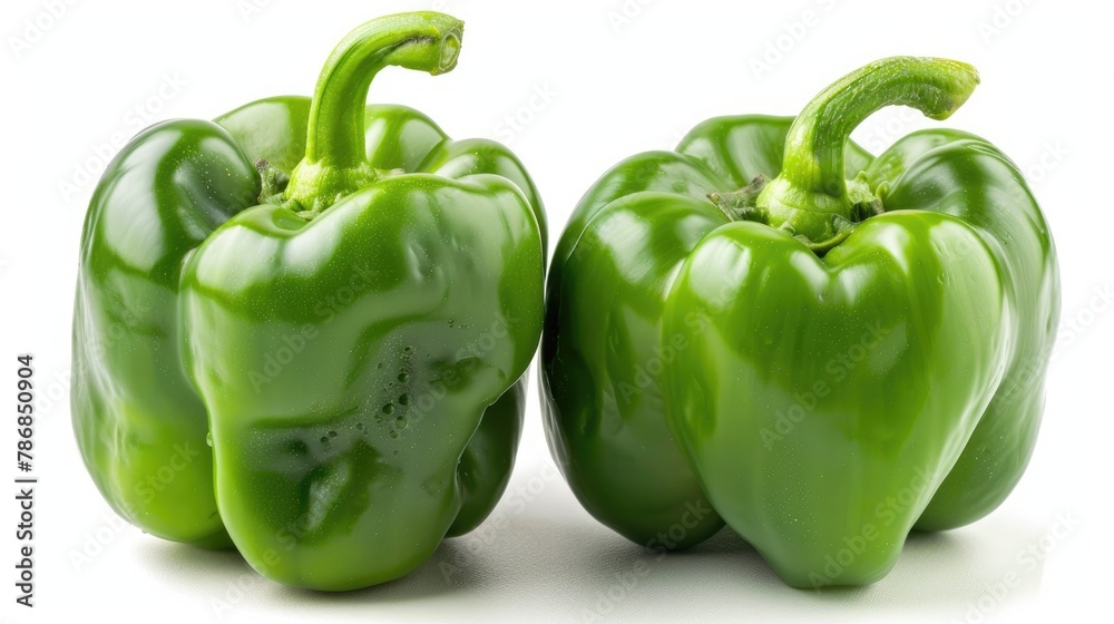 Two complete green bell peppers also called sweet bell peppers or paprika displayed on a white background Assortment of vegetables Two complete green bell peppers also called sweet bell peppers or paprika displayed on a white background Assortment of vegetables