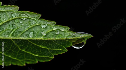 A closeup water droplet hanging on the edge of a green leaf on black background. Drop on leaves.