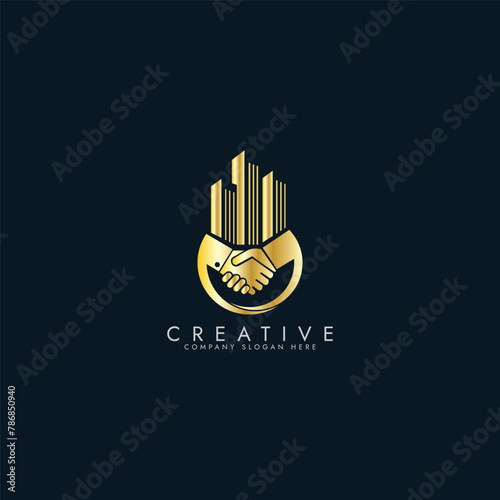 Property business golden logo with handshake vector