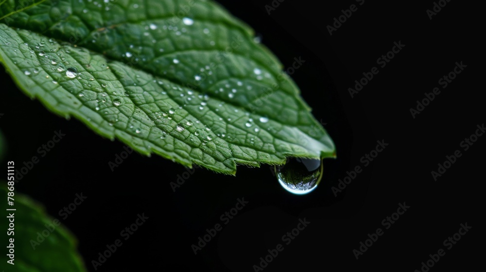 A closeup water droplet hanging on the edge of a green leaf on black background. Drop on leaves. A closeup water droplet hanging on the edge of a green leaf on black background. Drop on leaves.