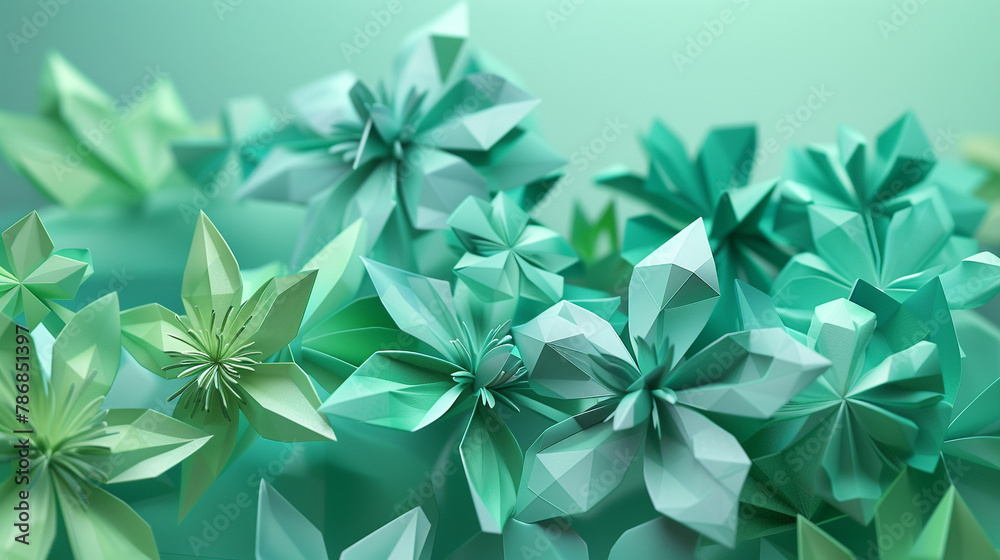 Green-teal geometric 3D florals contrast a pristine minimalist backdrop.