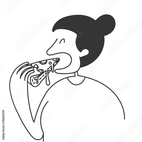 hand drawn doodle person eat pizza illustration
