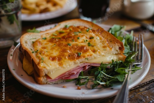 Classic french croque-monsieur sandwich with ham and cheese on a white porcelain plate