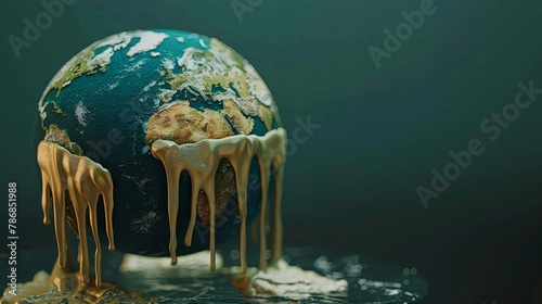 A melting world globe transitioning into dripping ice cream, symbolizing climate changes impact on Earth , 3D render