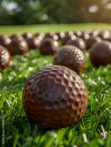 Chocolate golf balls on tee, lush background, close view, lifelike art , 8K render