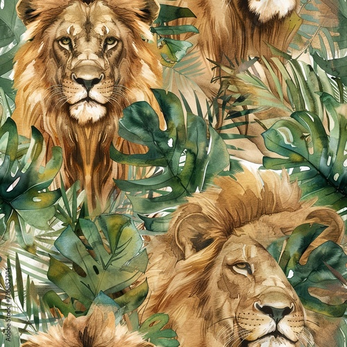 King of the jungle in repose, noble watercolor, seamless pattern, rich manes, calm majesty, shaded rest. Seamless Pattern, Fabric Pattern, Tumbler Wrap, Mug Wrap.