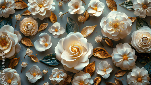 3d wallpaper white and gold roses, white flowers background with golden leaves, full screen. Created with Ai