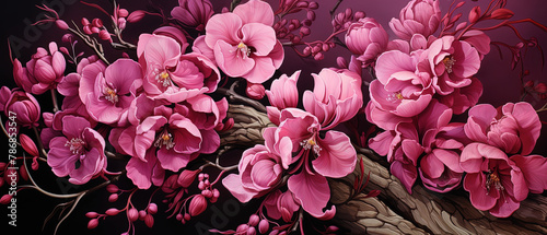 a painting of a bunch of pink flowers on a branch photo