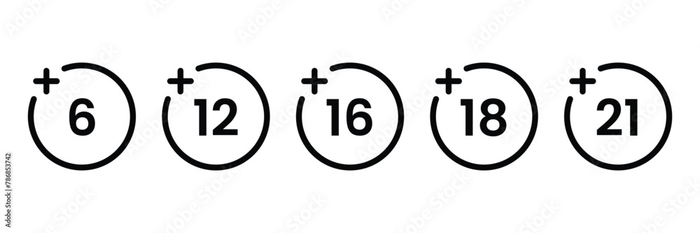 Age restriction Icons set. Sign for the restriction of the age content. Age limit from six to twenty one. Vector Illustration.