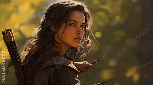 a portrait of skill and focus concept, female archer's poised stance exudes determination, her arrow aimed at the target