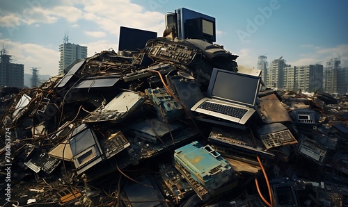 Aerial view of a large pile of old computer waste in the city.