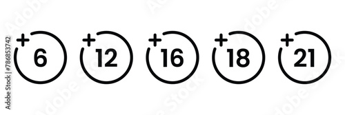 Age restriction Icons set. Sign for the restriction of the age content. Age limit from six to twenty one. Vector Illustration. photo