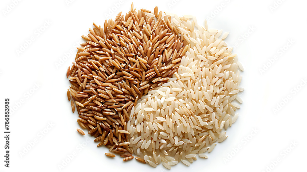 Rice in a Yin and yang sign composition isolated on white background .generative ai Rice in a Yin and yang sign composition isolated on white background .generative ai