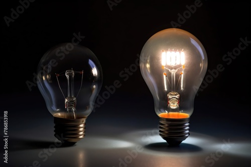 Two light bulbs, one is lit and the other is not