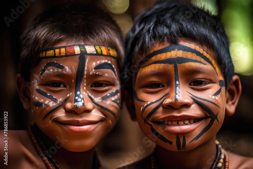 Two young boys with painted faces are smiling at the camera photo