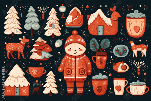 happy cozy Christmas miscellaneous illustrations, in the style of polychrome terracotta