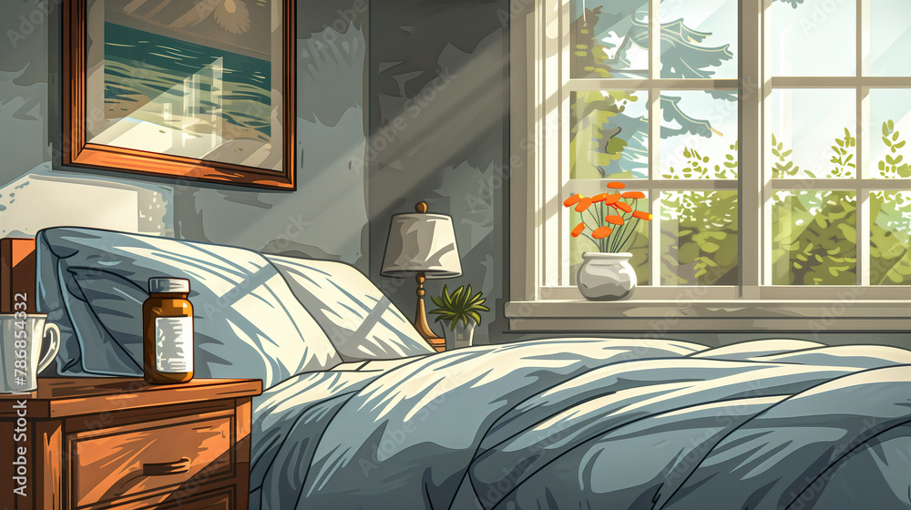 Close-up of a prescription bottle on a nightstand in a bedroom, under natural morning light creating a hopeful atmosphere. Close-up of a prescription bottle on a nightstand in a bedroom, under natural morning light creating a hopeful atmosphere.