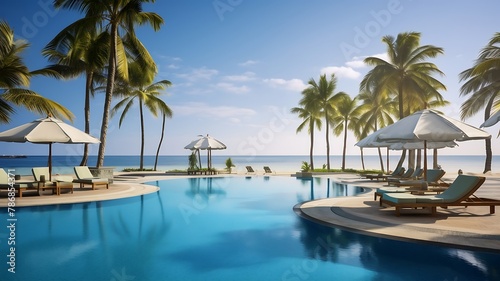 Luxurious swimming pool with umbrella and chair in luxury hotel resort - Vintage Light Filter