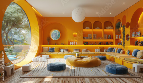  Villa children's playroom, with yellow walls and orange accents, round windows with blue cushions on the floor, shelves of books, wooden tables and seating areas. Created with Ai