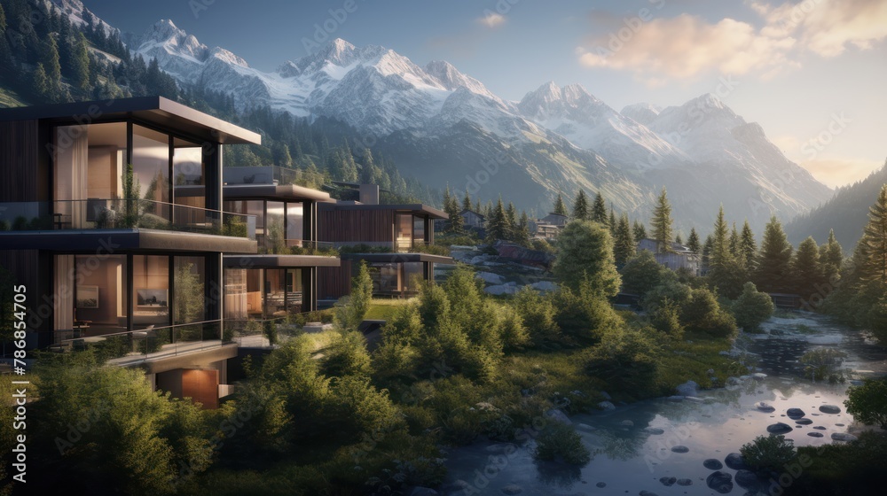 modern condominiums and mountains, beautiful, interior details