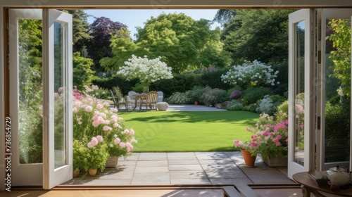 A beautiful garden and patio, view through bifold doors.