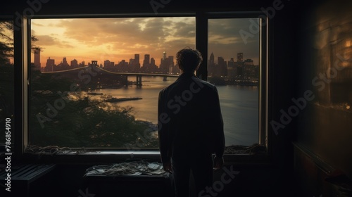 man's gaze sweeps across the city skyline visible through the window,